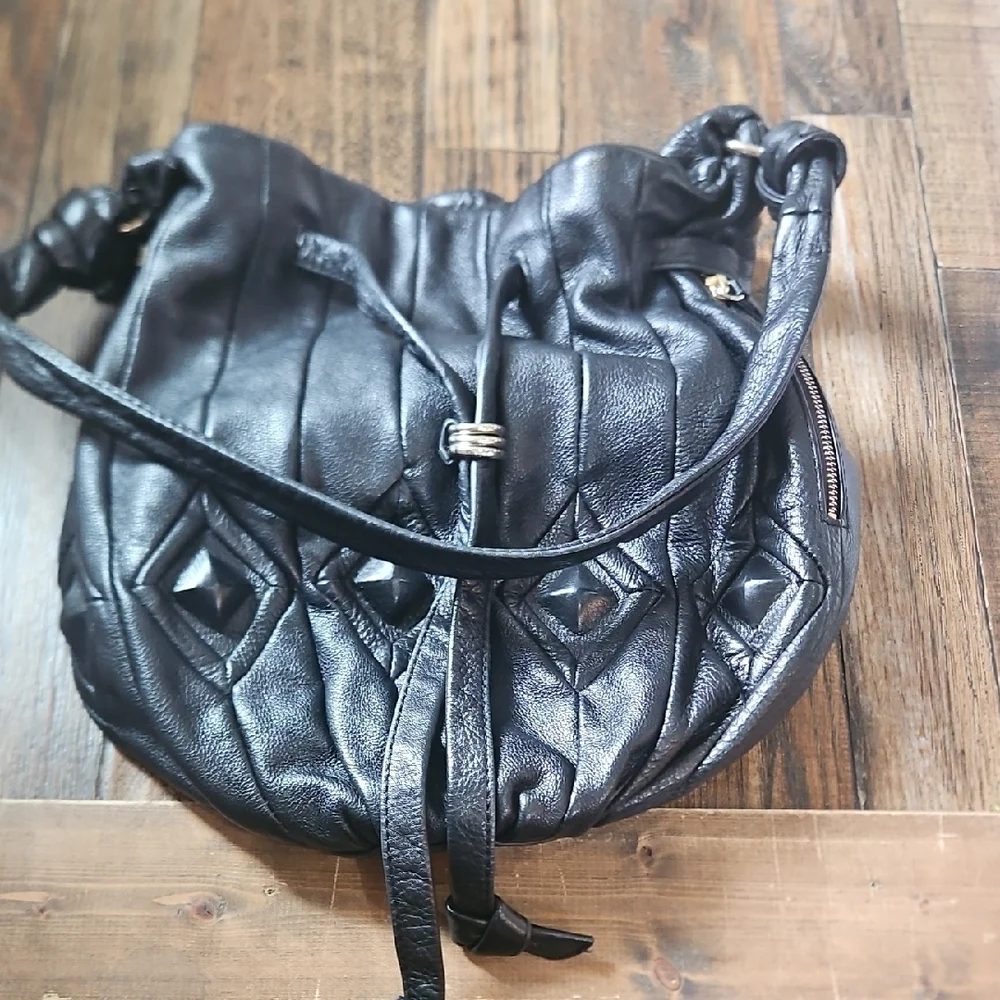 Elliott Lucca Luxury Quality‎ Chic Black Genuine Leather Hobo Draw String Bag